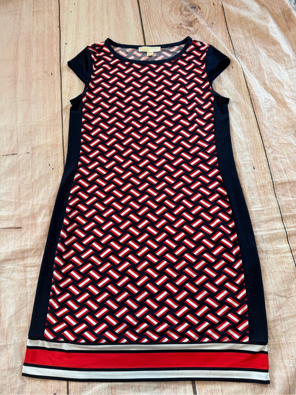Michael Kors Women’s Navy Red White Geometric Cap Sleeve Dress Size Petite Small